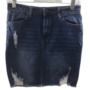 WAX JEAN Dark Wash Distressed Denim Mini Skirt Raw‎ Hem Size Small Womens